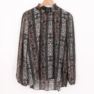 Susan Graver Floral Mock Neck‎ Tunic Top Sheer Cami Built In Long Sleeve Size M